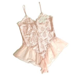 Victorias Secret vintage‎ gold label floral satin ruffle bodysuit Sz S pink